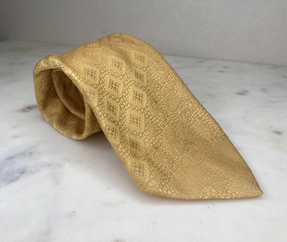Oscar De La Renta Neck Tie Vintage 80's Gold Paisley Diamond Print Party Career